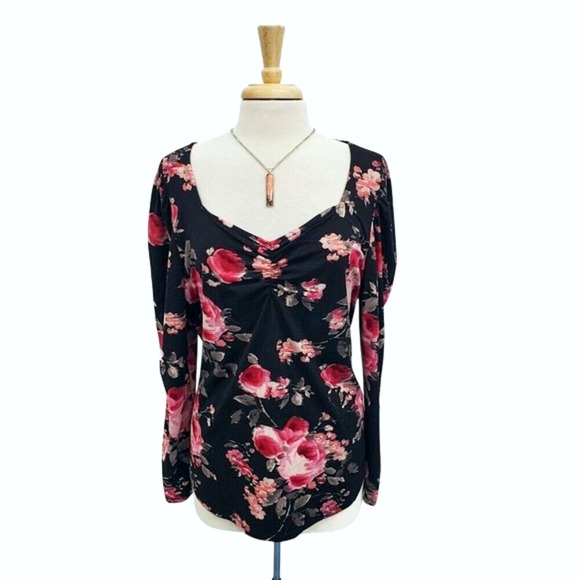 NWT Black Pink Floral Long Sleeve Sweetheart Neck Stretch Romantic Top Womens 0X - Picture 4 of 15